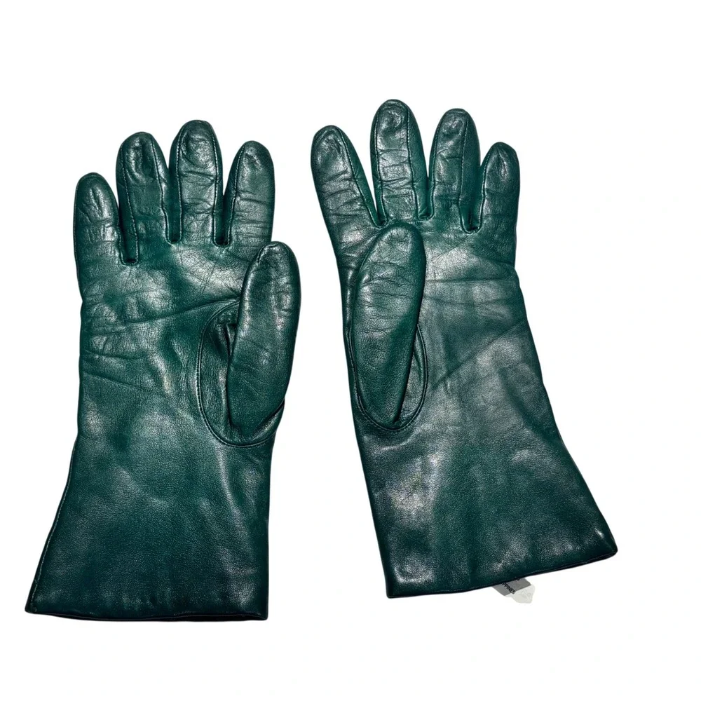VTG Isotoner Gloves Green Leather Cashmere Winter Luxury Women Sz 8 Medium Large - Picture 2 of 8